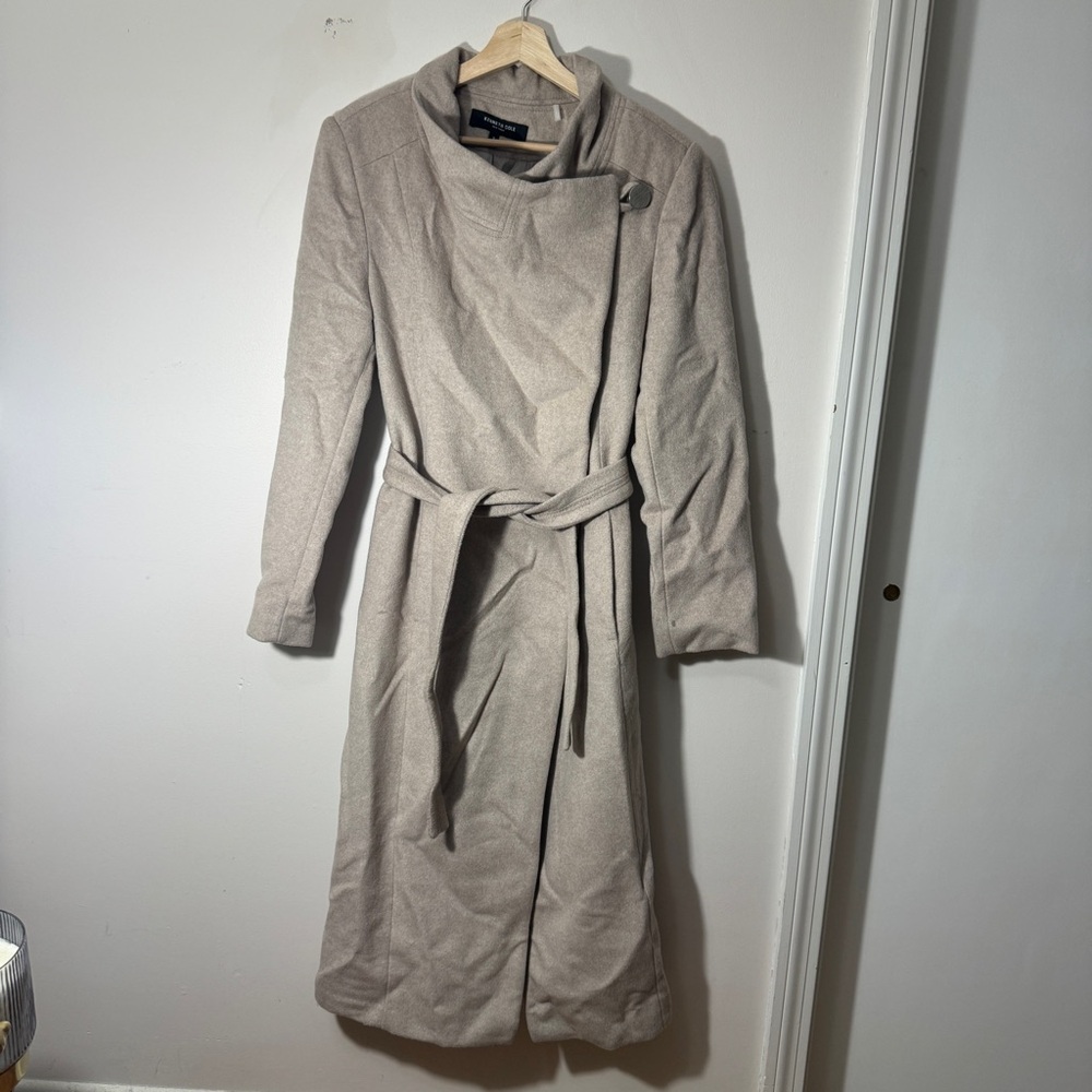Kenneth Cole Taupe Belted Wool-Blend Long Coat